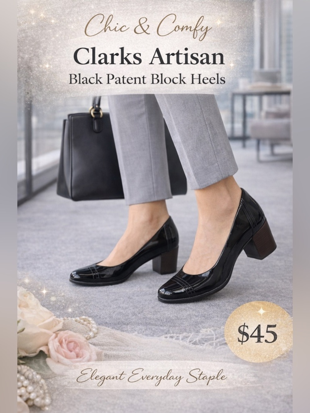 Clarks Artisan Black Patent Leather Block Heel Pumps – Size 8